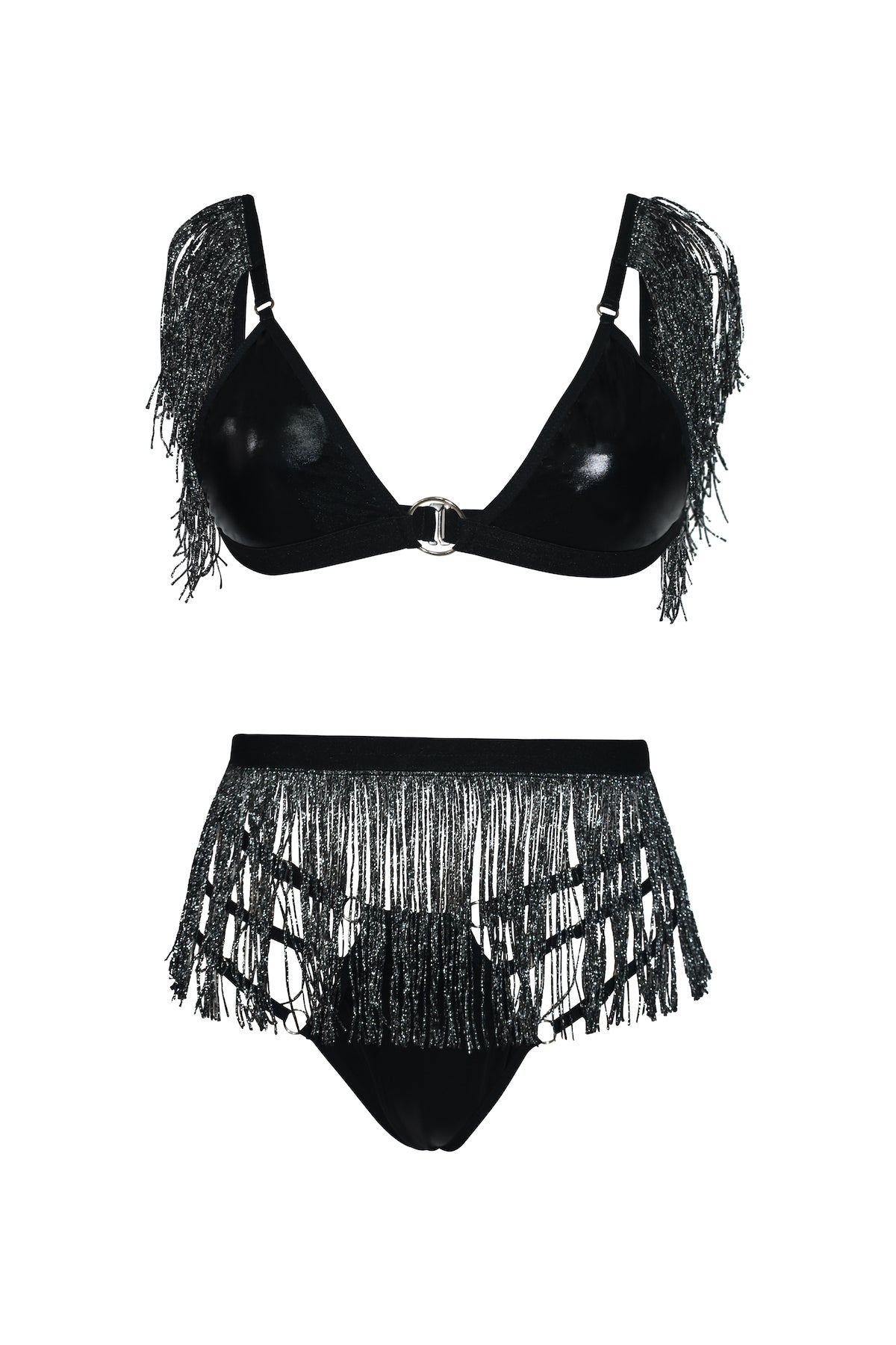 Conjunto Burning en Negro con Sensuales Flecos Plateados