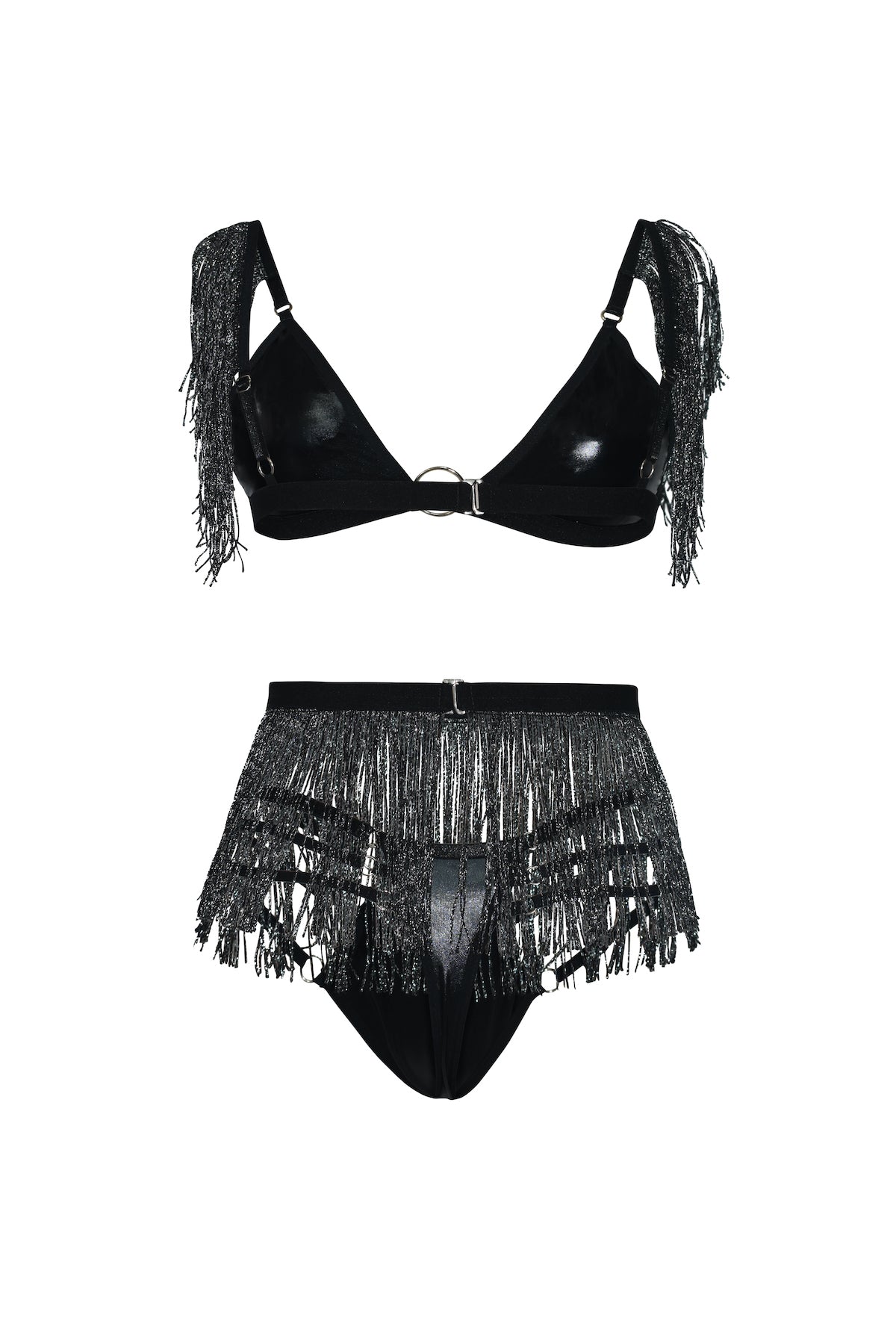 Conjunto Burning en Negro con Sensuales Flecos Plateados