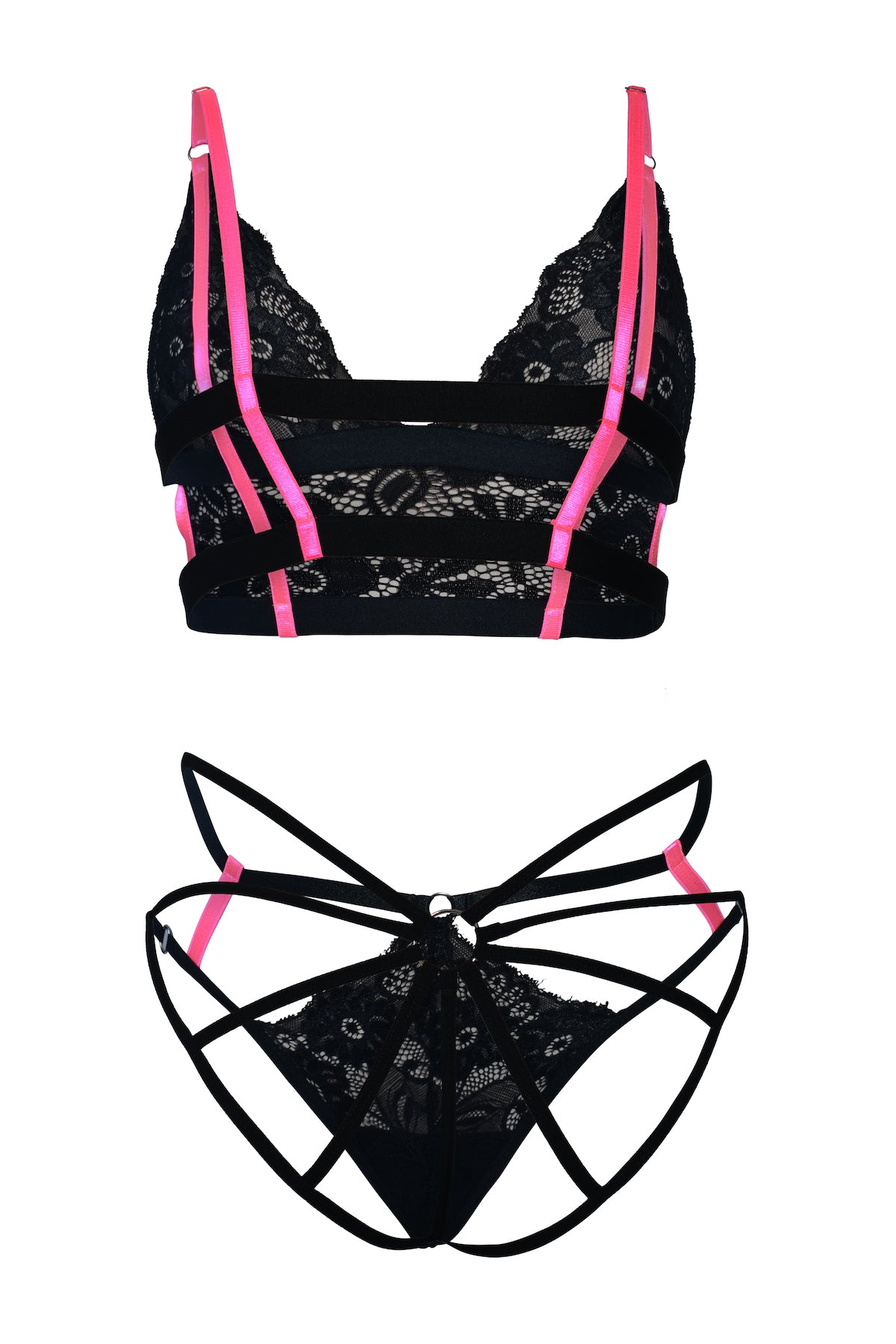 Conjunto Fuego Místico - Bralette y Panty Fucsia/Negro
