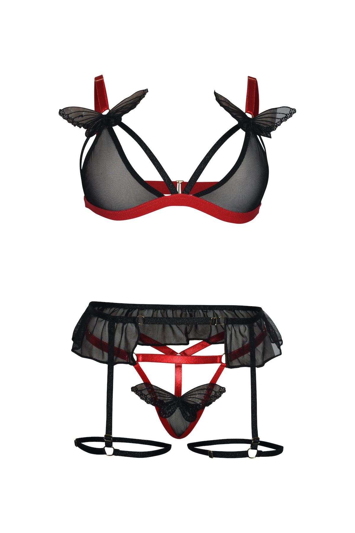 Trio  liguero   Fantasy en Negro y Rojo con bordados de mariposa