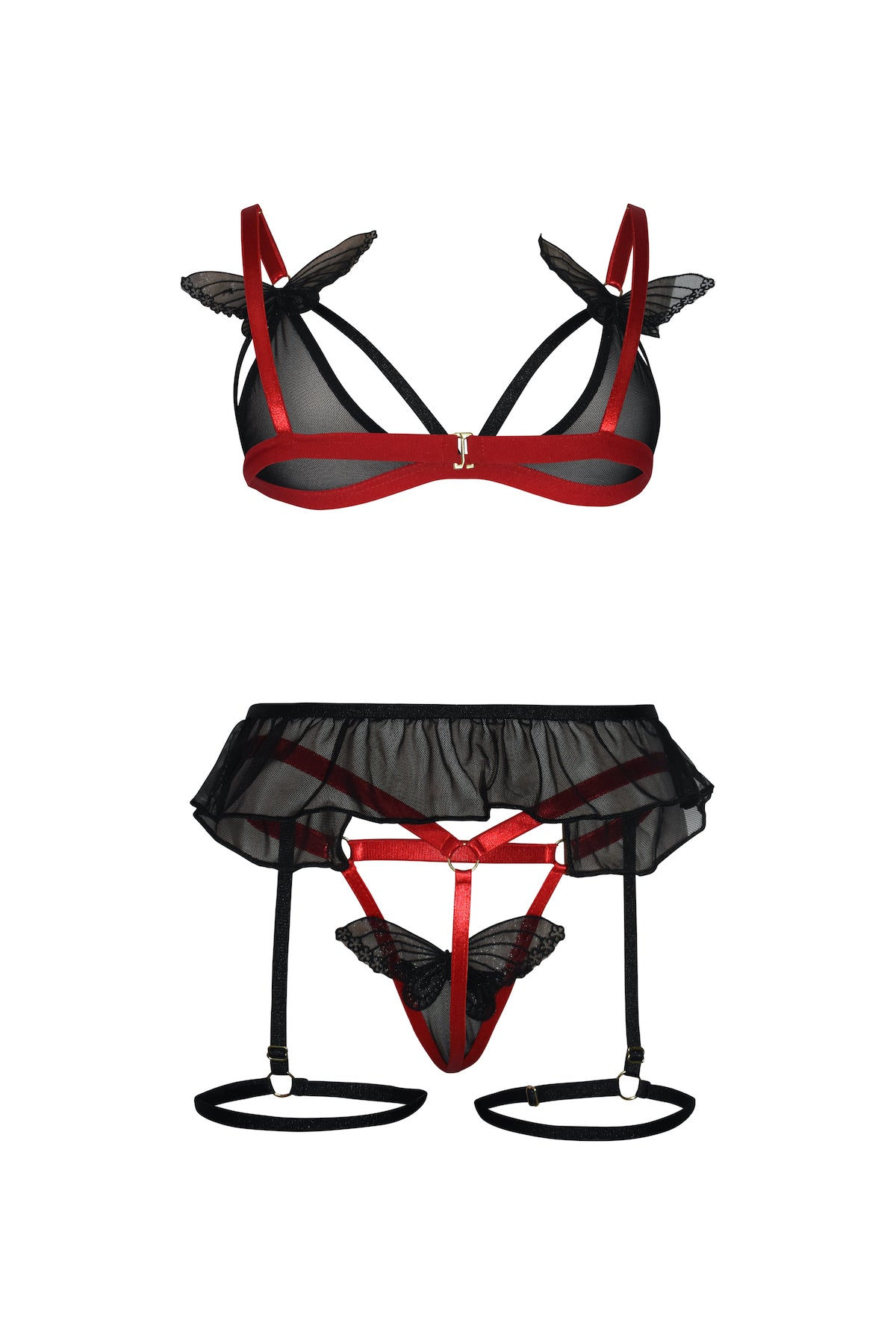 Trio  liguero   Fantasy en Negro y Rojo con bordados de mariposa