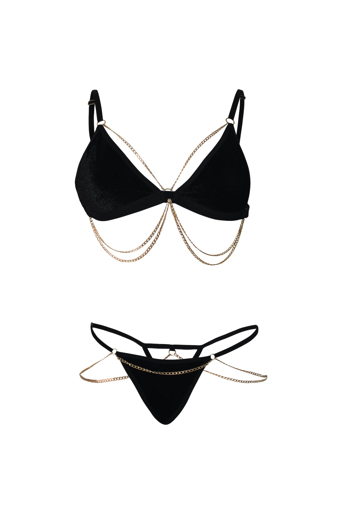 Conjunto Gold Terciopelo - Bralette y Tanga con Cadenas Doradas Negro