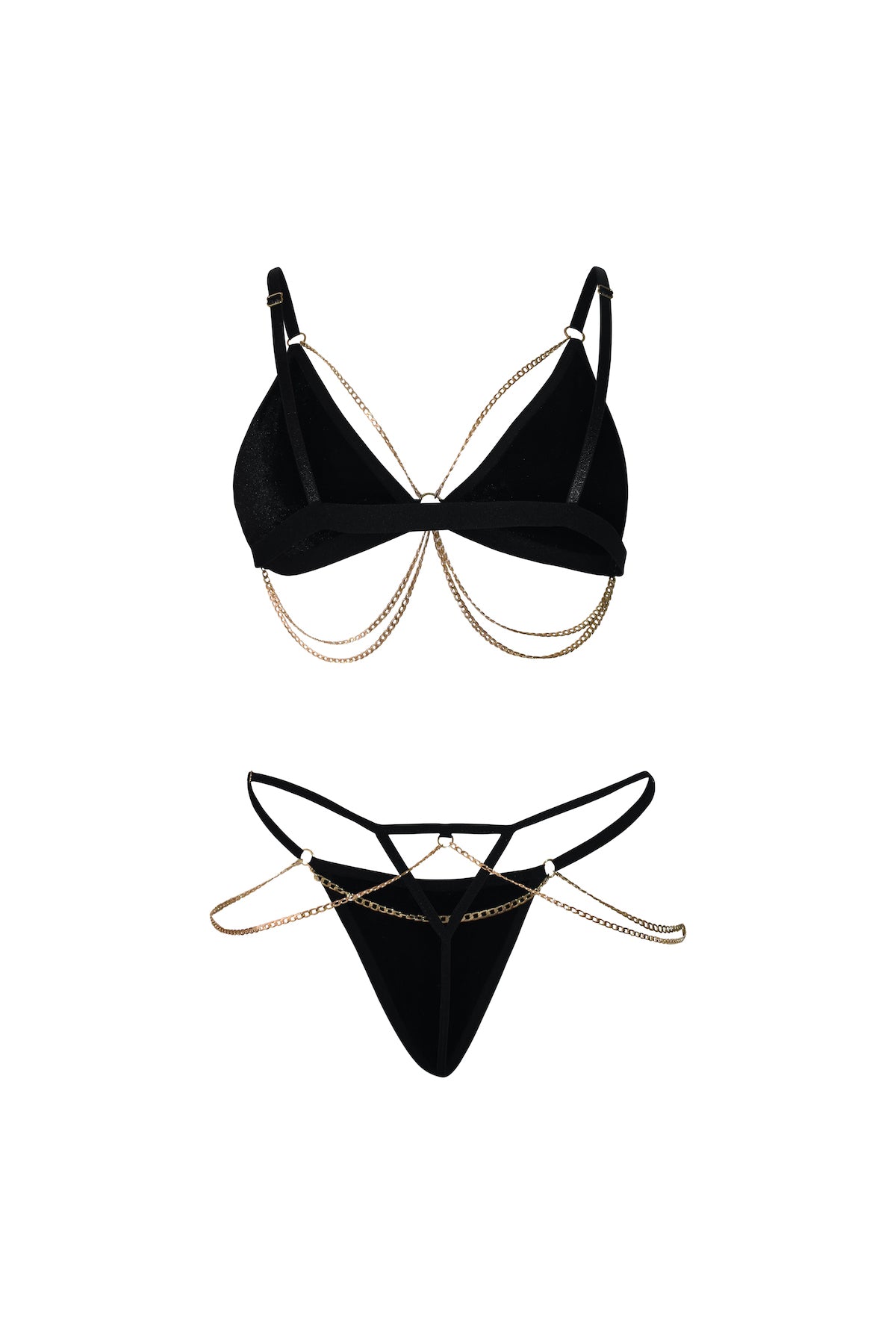 Conjunto Gold Terciopelo - Bralette y Tanga con Cadenas Doradas Negro