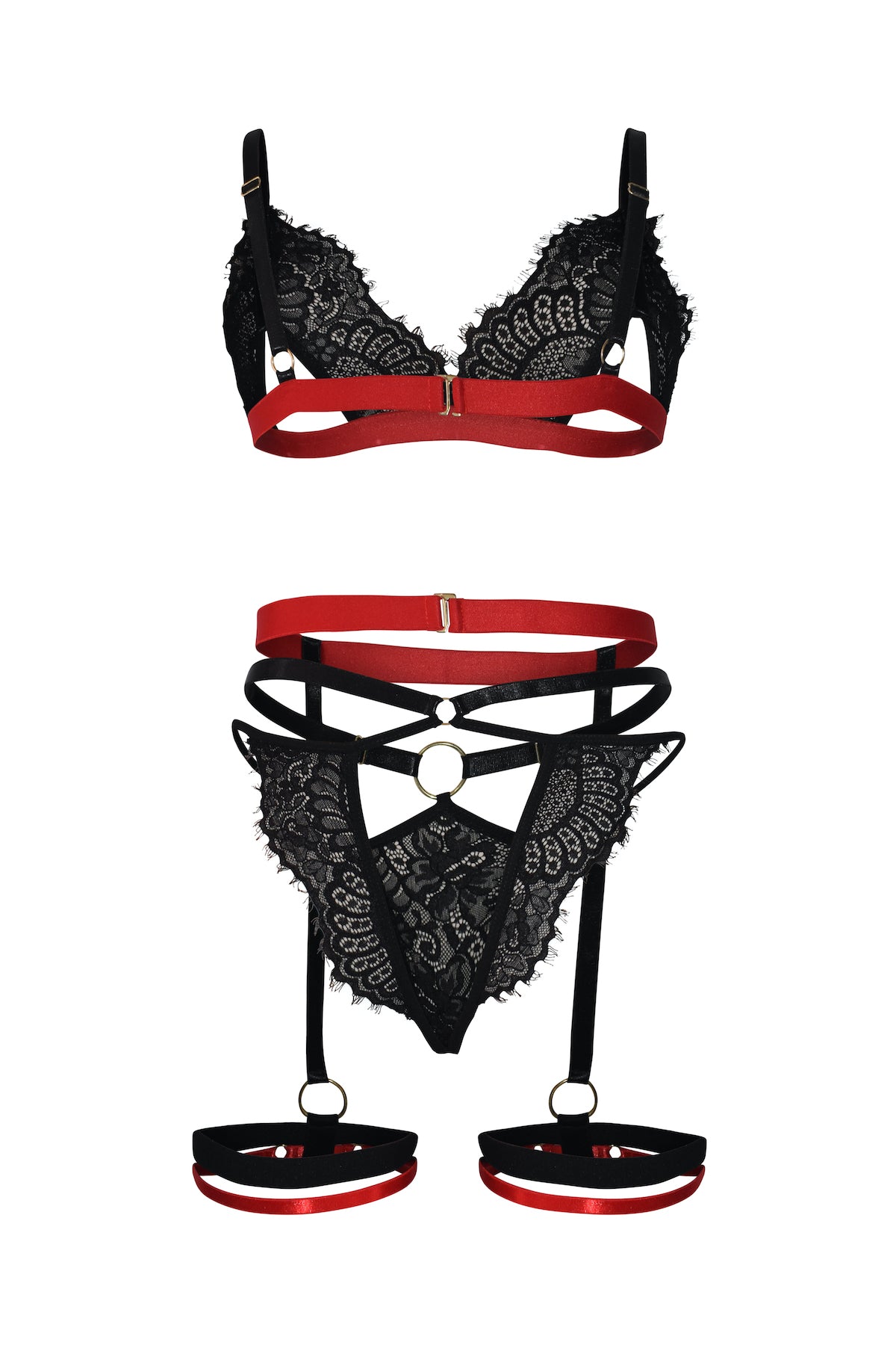Trio Pandora en Encaje Negro con Toque Apasionado de Rojo