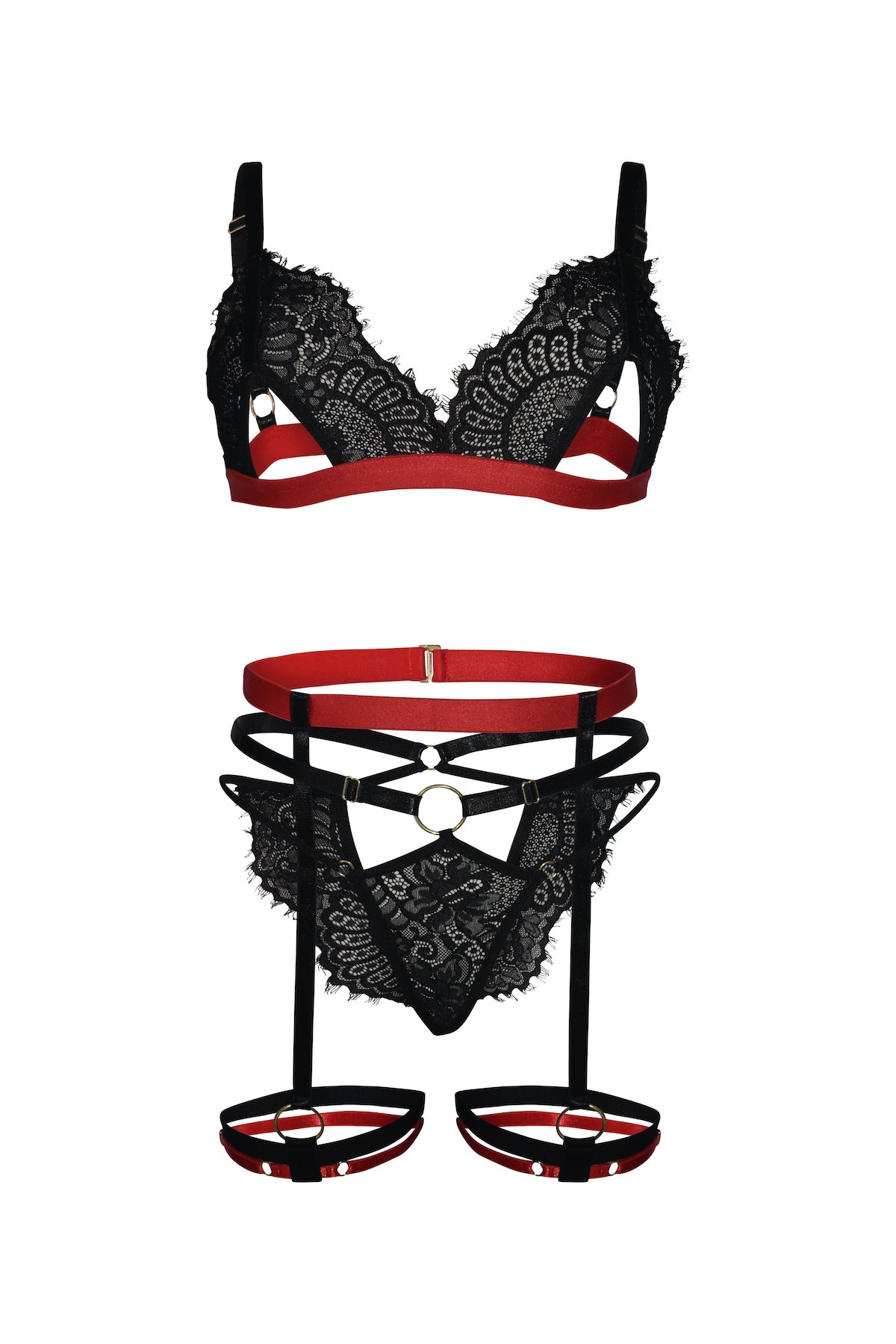 Trio Pandora en Encaje Negro con Toque Apasionado de Rojo